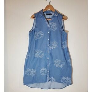 Nina Leonard sleeveless denim‎ cotton shirt dress with floral embroidery size 12